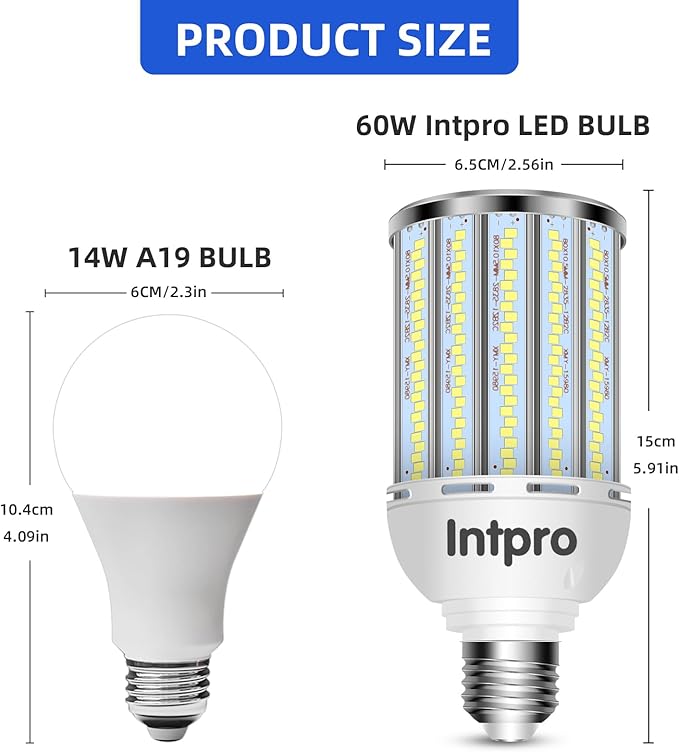 Intpro LED Corn Light Bulb LED Light Bulb 550W Equivalent 7500 Lumen 6500K 60W Large Area Cool Daylight White E26/E27 Base for Outdoor Indoor Garage Warehouse Factory Workshop Street Backyard 2Pack