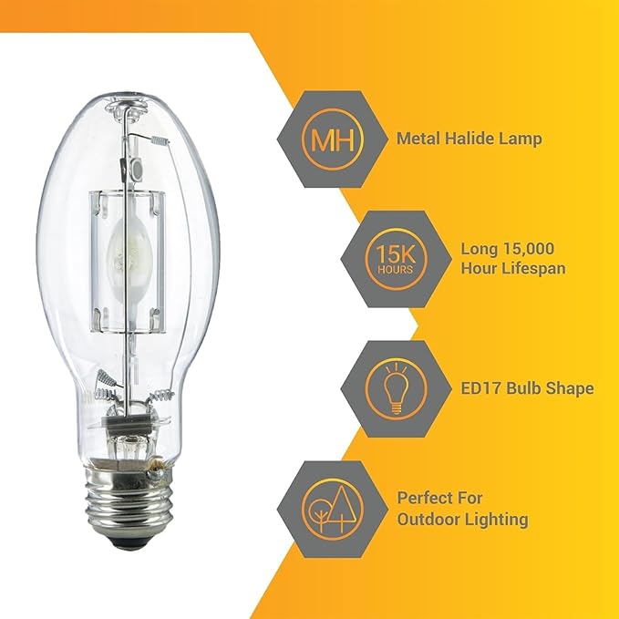 Diodesy- M102/O Metal Halide Lamp 150W Pulse Start 13300 Lumen E26 Medium Base 4200K Cool-White White Coated ED17 Shape 15000 Hour- High Intensity Discharge Outdoor Light for Street Parking Pack of 6