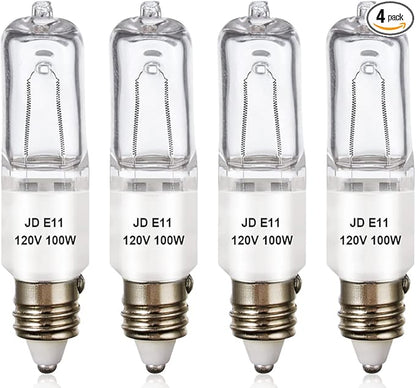 4 Pack JDE11 Bulb,120V 100W Halogen Candelabra Bulbs,T4 Mini Base JD E11 Bulb ,Dimmable 2700K Warm White（Replacement E11 LED bulb,for Chandeliers,Candelabra,Ceiling Fan, Table Lamps, Cabinet Lighting