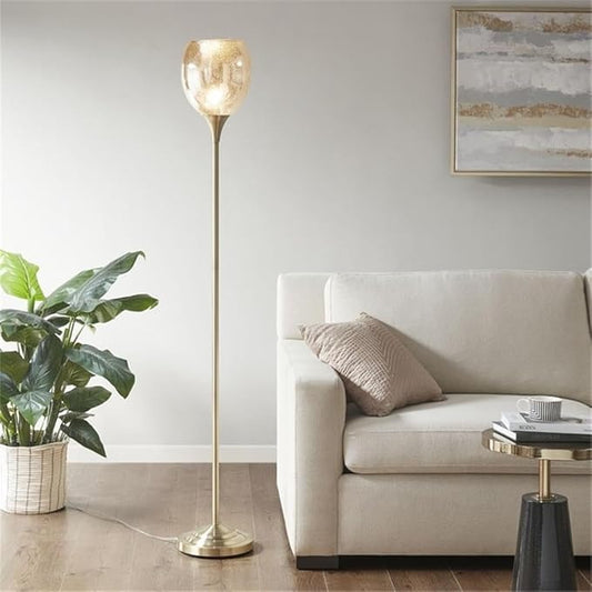 Pemberly Row Iron Metal Floor Lamp with Glass Shade in Antique Brass