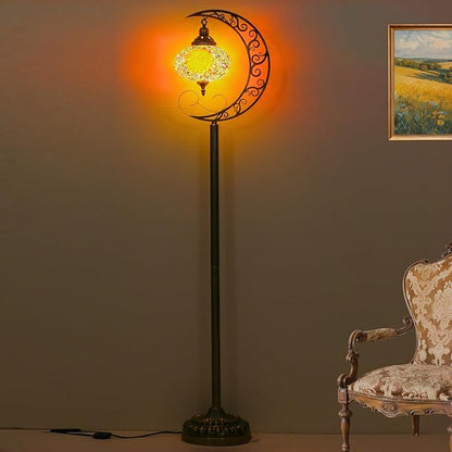 3D Crescent Moon Turkish Floor Lamp - 60 Inch Boho Lamp, 8 Inch Stained Glass Shade, Handmade for Living Room, Bulb Included (Multicolor,YUELFL-06)