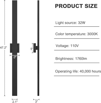 LamQee 47.2 In Aluminum Long Outdoor Wall Lights, 3000K 1760LM LED Waterproof IP65, Modern Exterior Lighting Fixture Linear Outdoor Sconce Wall Mount Outside Lighting for House Porch Patio Garage Door