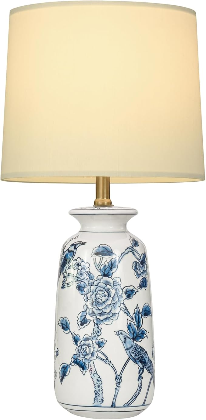 24.25" Blue Ceramic Table Lamp for Living Room, Classic Blue and White Lamp for End Table, Blue Birds and Flowers Lamps, Traditional China Nightstand Lamp for Bedroom