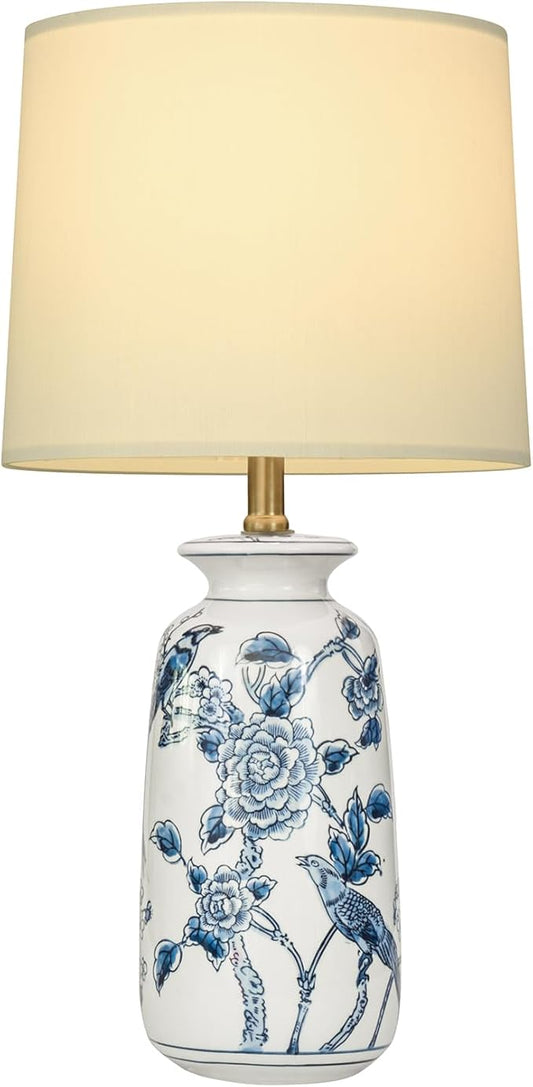 24.25" Blue Ceramic Table Lamp for Living Room, Classic Blue and White Lamp for End Table, Blue Birds and Flowers Lamps, Traditional China Nightstand Lamp for Bedroom
