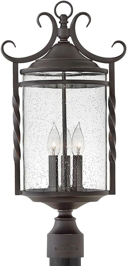 Hinkley Casa Large Post Top or Pier Mount Outdoor Lantern - Aluminum, Clear Seedy Glass, Wrought Iron Details, Hand Forged Scrolling - Olde Black Finish