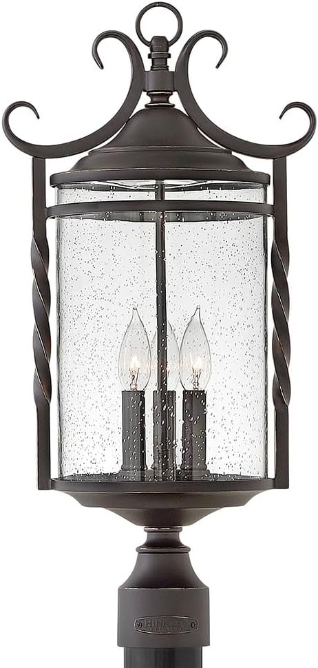 Hinkley Casa Large Post Top or Pier Mount Outdoor Lantern - Aluminum, Clear Seedy Glass, Wrought Iron Details, Hand Forged Scrolling - Olde Black Finish