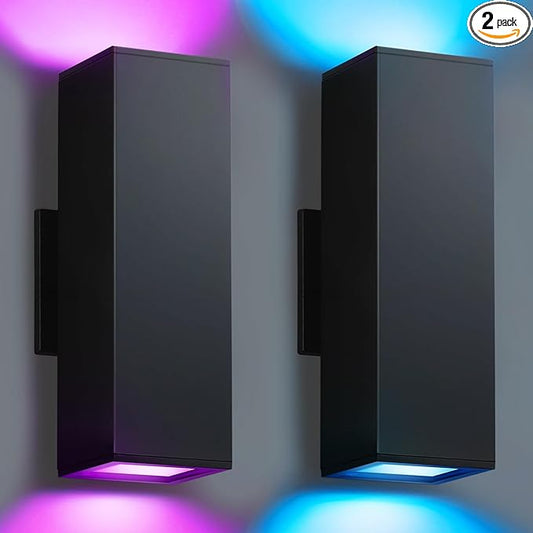 SHIMR Color Changing Outdoor Wall Lights 2 Pack, Ambiance Up and Down Lights Outdoor, Waterproof Square Smart Porch Lights WiFi APP Control Exterior Light Fixture Home Theater Lighting [ETL Listed]