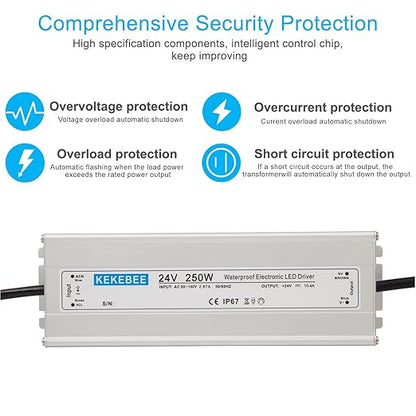LED Driver 24V250W Waterproof Power Supply AC90-120V to DC24V10.4A Waterproof Low Voltage Transformer Suitable for Indoor and Outdoor LED Light Strips and Any 24V DC High-End Devices