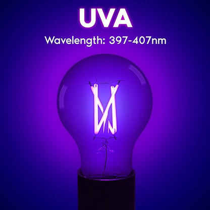 LUXRITE A19 Edison UV LED Black Light Bulb, 6W Filament Blacklight Bulb, UVA 397-407nm, Enclosed Fixture Rated, E26 Base, Glow in The Dark for Halloween, Party, Body Paint, Fluorescent Poster