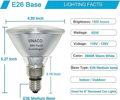 PAR38 Outdoor Flood Light, 2PCS PAR38 Halogen Flood Light 80W, High Brightness 1500LM Equivalent 100W, PAR 38 Dimmable with Long Lasting Warm White PAR 38 Halogen 80W with E26 Base for Indoor&Outdoor
