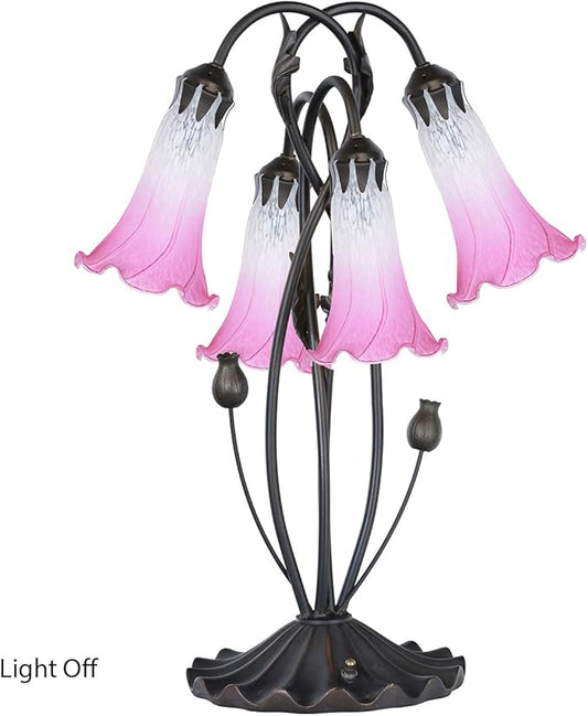 Bieye L10848 Lily Flower Blown Glass Accent Table Lamp for Living Room Bedroom Decoration (4-Light, Pink)