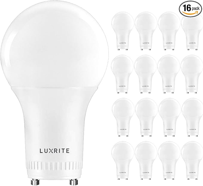 LUXRITE A19 LED GU24 Light Bulb, 60W Equivalent, 3000K Soft White, Enclosed Fixture Rated, 800 Lumens, Dimmable Twist Lock Light Bulbs, Damp Rated, UL Listed, GU24 Base (16 Pack)