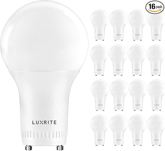 LUXRITE A19 LED GU24 Light Bulb, 60W Equivalent, 3000K Soft White, Enclosed Fixture Rated, 800 Lumens, Dimmable Twist Lock Light Bulbs, Damp Rated, UL Listed, GU24 Base (16 Pack)