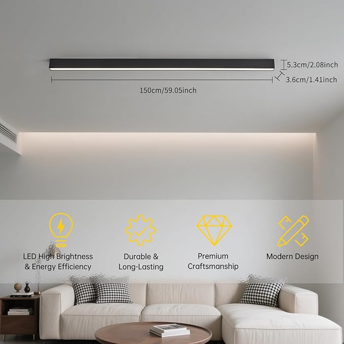 Black ceiling light LED, modern and simple, long strip ceiling surface installation, suitable for living room, bedroom, corridor and kitchen, remote control to switch color and brightness, 59 inches