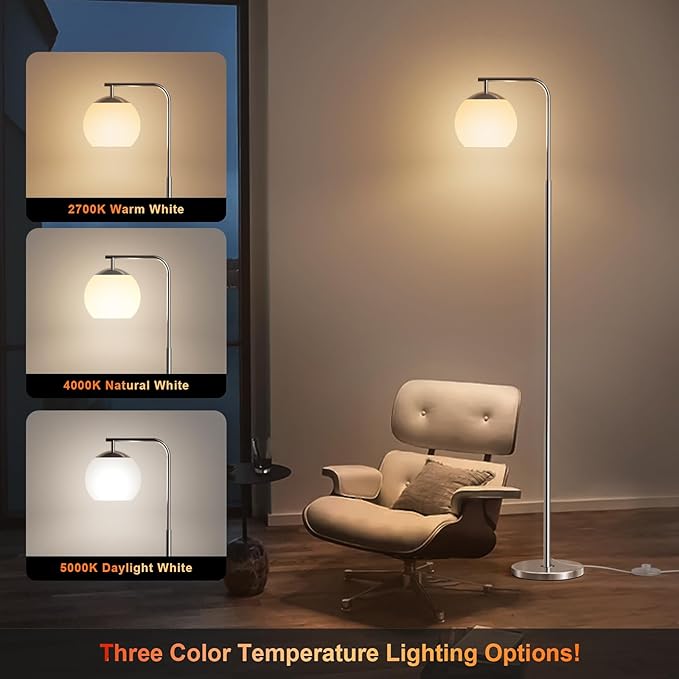 Modern Floor Lamps with Globe Shade, 3 Color Temperatures & Foot Switch, Mid Century Standing Lamp Tall for Bedroom, Living Room, Office, Silver