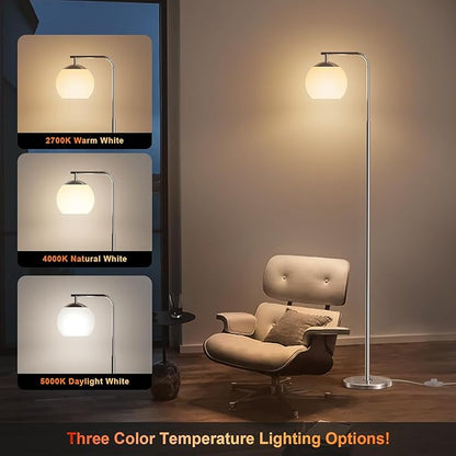 Modern Floor Lamps with Globe Shade, 3 Color Temperatures & Foot Switch, Mid Century Standing Lamp Tall for Bedroom, Living Room, Office, Silver