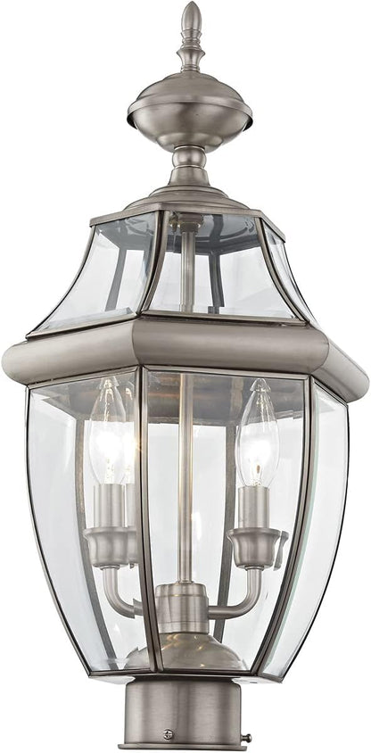 Livex Lighting 2254-91 Monterey 2 Light Outdoor Brushed Nickel Finish Solid Brass Post Head with Clear Beveled Glass
