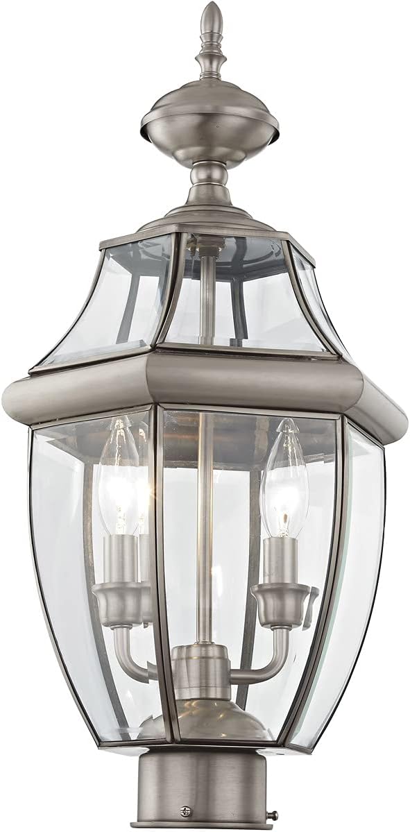 Livex Lighting 2254-91 Monterey 2 Light Outdoor Brushed Nickel Finish Solid Brass Post Head with Clear Beveled Glass