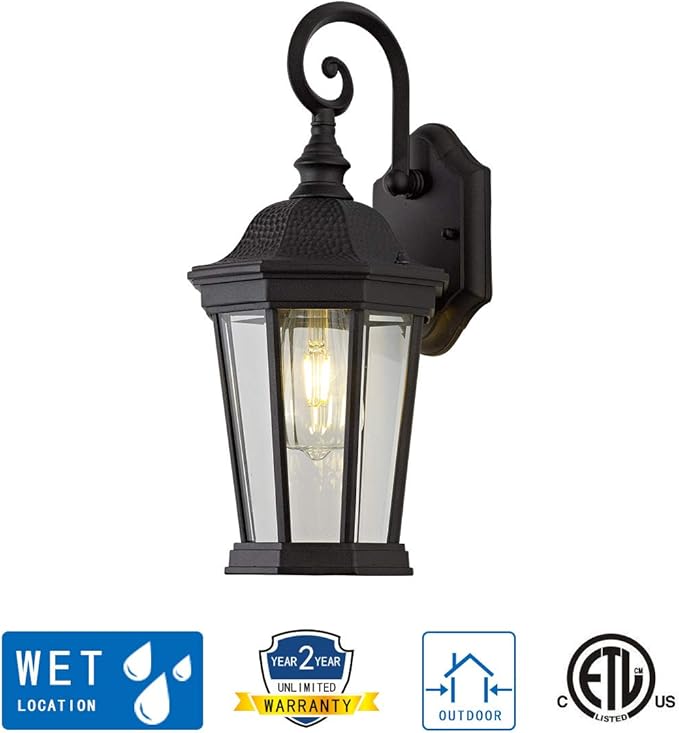 Exterior Light Fixtures, Large Outdoor Wall Light/Lantern, Outdoor Porch Light Fixtures Wall Mount in Matte Black Finish with Clear Glass, Aluminum Alloy, 60W