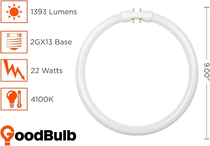 GoodBulb 22-Watt 9 Inch T5 Fluorescent Circline Light Bulb 4100K Cool White Light Color 2GX13 Base High Output 1393 Lumens 10000 Life Hours 80 CRI Pack of 20 Bulbs