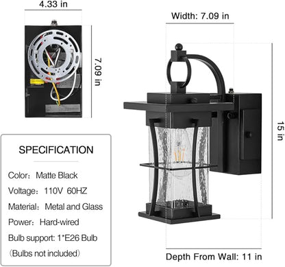Outdoor Lighting Fixtures Wall Mount, 1-Light 15''H Dusk to Dawn Exterior Light for House Outdoor Wall Lantern with Clear Glass for Front Porch Patio Garage (15'' H with Outlet, 1 PC)