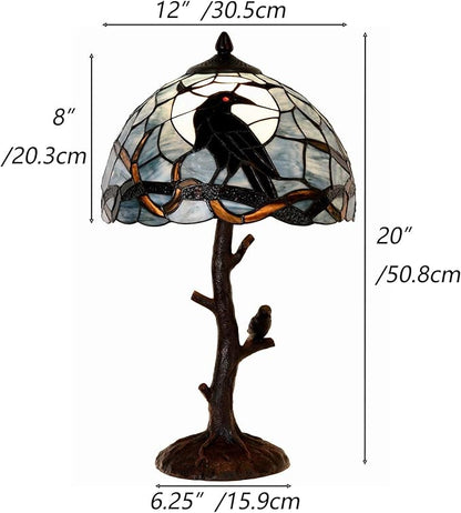 Bieye L10956 Raven Sitting on Bare Tree Branch in Full Moon Night Tiffany Style Stained Glass Table Lamp for Home Decor (Dark Blue, 12Wx20H)