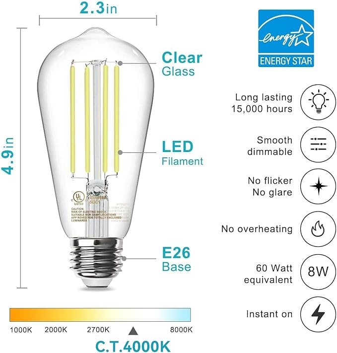 TJOY 10 Pack E26 Base Vintage LED Edison Light Bulbs, 60W Equivalent Dimmable, 4000K Natural White, 8W ST58 LED Filament Bulbs, 800Lumens, CRI80+, Antique Glass Style for Home, Bedroom, Farmhouse
