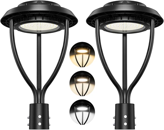2Pack LED Post Top Light with Photocell, 100W 80W 60W Adjustable, 15000LM Adjustable CCT 3000/4000/5000K Outdoor Pole Lights, IP65 Waterproof Commercial LED Post Light Fixture ETL DLC Listed