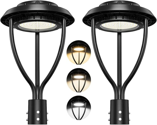 2Pack LED Post Top Light with Photocell, 100W 80W 60W Adjustable, 15000LM Adjustable CCT 3000/4000/5000K Outdoor Pole Lights, IP65 Waterproof Commercial LED Post Light Fixture ETL DLC Listed