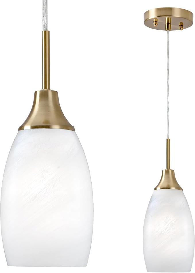 Mini Glass Pendant Light 4.72" with Handblown White Swirl Art Glass Hanging Light 1-Pack Oval Ceiling Hanging Light Fixture for Dining Room Kitchen Island Cafe Foyer Hallway