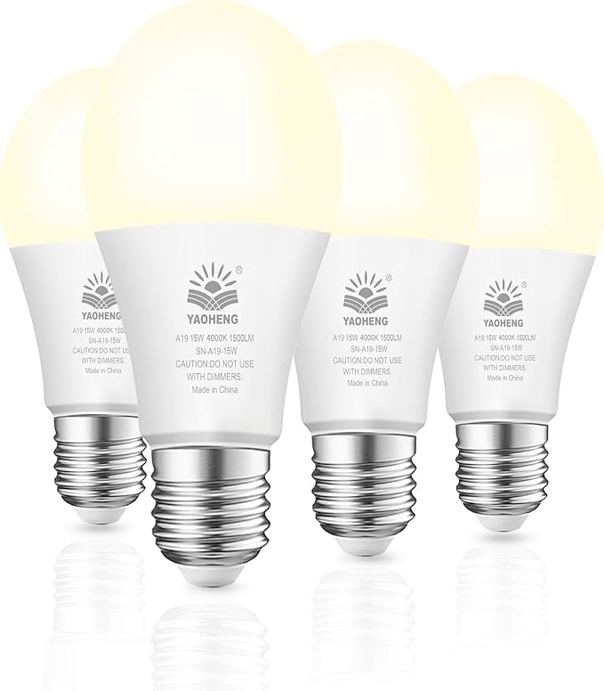 A19 LED Light Bulb, 100 Watt Equivalent LED Bulbs, 4000K Neutral White, 1500 Lumens, Standard E26 Base, Non-Dimmable, 15W Super Bright Light Bulbs for Home, Office Lamp, ETL Listed(4-Pack)