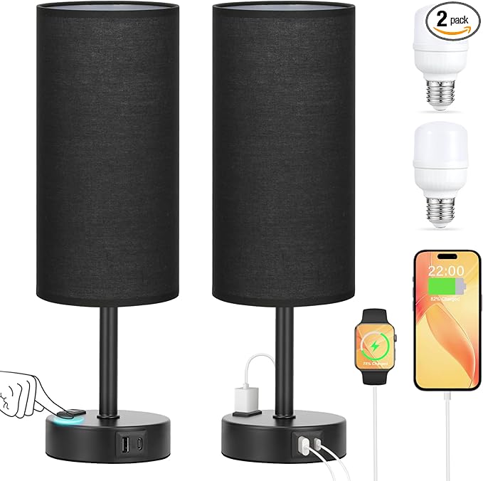 Black Touch Table Lamps Set - 3 Way Dimmable Bedroom Bedside Lamps Set of 2 with USB C and A Ports,Small Lamps for Nightstand with AC Outlet,Round Flaxen Shade for Desk,Office,Dorm,Nursery
