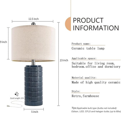 PoKat 23" Blue Table Lamps, Farmhouse Bedside Lamps for Bedroom Set of 2, Ceramic End Table Lamps for Living Room, Traditional Nightstand Desk Lamps, Medium