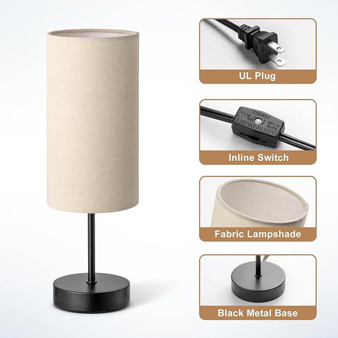 Small Bedside Table Lamp for Bedroom, Round Linen Shade and Black Metal Base, Rustic Minimalist Night Lamps for Nightstand, Dresser, Living Room, Office, College Dorm, Warm Light, 5W LED Bulb Included