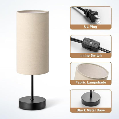 Small Bedside Table Lamp for Bedroom, Round Linen Shade and Black Metal Base, Rustic Minimalist Night Lamps for Nightstand, Dresser, Living Room, Office, College Dorm, Warm Light, 5W LED Bulb Included