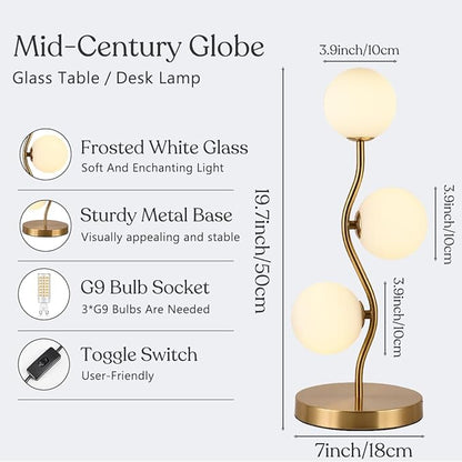 Mid Century Gold Globe Table Lamp 3-Light Flower Curve Beside Desk Table Light with Milk White Glass Shade Metal Base Nightstand Lamp for Bedroom Bedside
