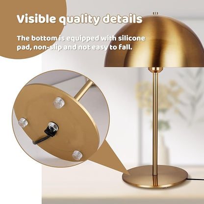 Modern Gold Table Lamp, Mid Century Bedside Table Lamp with Mushroom Dome Shade, 18" Nightstand Reading Lamp Minimalist Desk Lamps for Bedroom Living Room Office Study