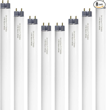 24 inch F17T8/830 17 Watts Light Bulb Warm White, 2 Foot Straight Fluorescent Tube T8 Tube Light F17T8/WW, 1500 Lumen G13 Medium Bi-Pin Cap 8 Pack