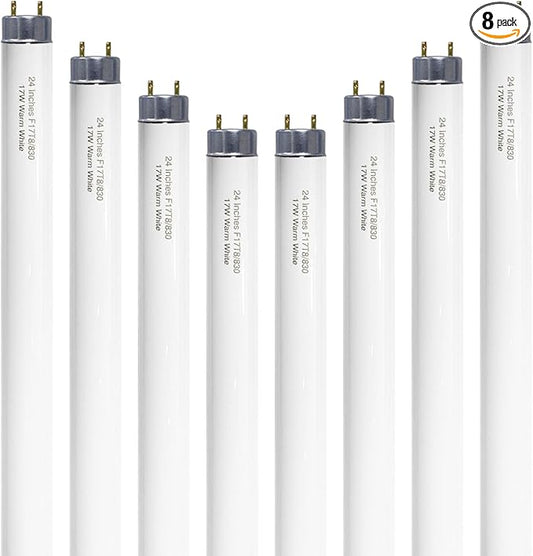 24 inch F17T8/830 17 Watts Light Bulb Warm White, 2 Foot Straight Fluorescent Tube T8 Tube Light F17T8/WW, 1500 Lumen G13 Medium Bi-Pin Cap 8 Pack