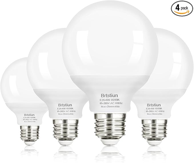 G25 LED Light Bulbs, Round Vanity Light Bulbs for Bathroom, 40W Equivalent, Cool White 4000K, E26 Base Globe Light Bulb, 600LM, Non-Dimmable, 4-Pack