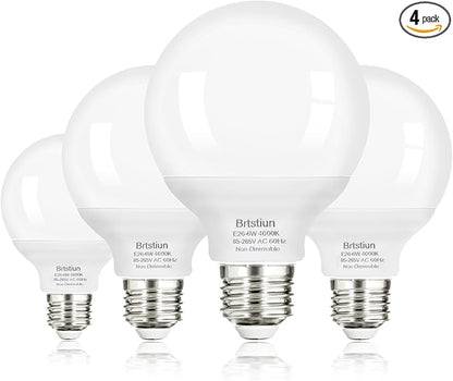G25 LED Light Bulbs, Round Vanity Light Bulbs for Bathroom, 40W Equivalent, Cool White 4000K, E26 Base Globe Light Bulb, 600LM, Non-Dimmable, 4-Pack