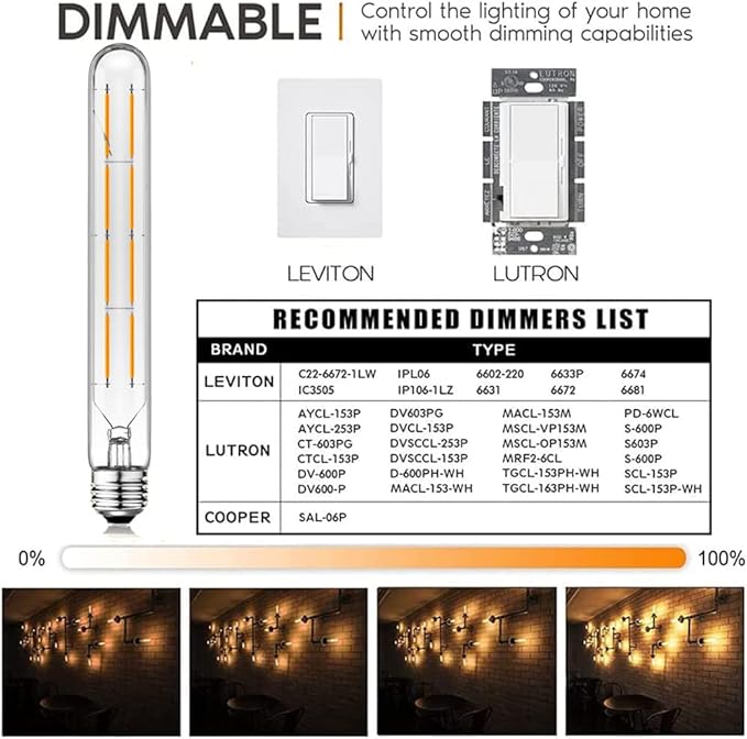 XININSUN T10 Led Bulbs,Long Tubular Led Light Bulbs, E26 Dimmable Tubular Bulb,Equivalent 75 Watt, E26 Edison Style Vintage LED Filament Light Bulb,2700K Warm White,8.9in(225mm),4-Pack.