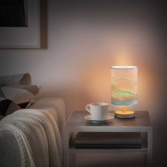 Bedside Lamp Bohemian Beach Table Lamp for Bedroom LED Nightstand Lamp Shade USB Ports Wood Base for Living Room Dorm Office