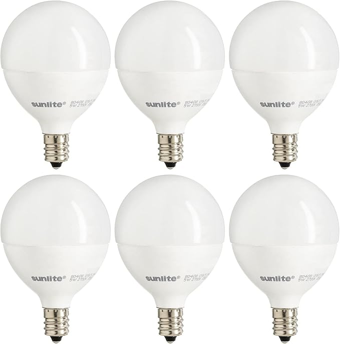 Sunlite G16.5 Light Bulb LED, 5W (40W Equiv.), 350 Lumens, Dimmable, Type G Globe Shape E12 Candelabra Base, Short Bulbs, Vanity Mirror Bulbs, 2700K Soft White, Frosted, 6 Count