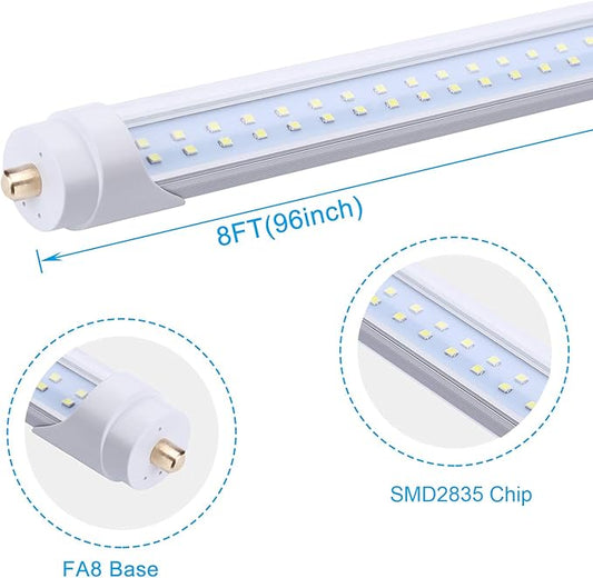 8FT Double Row LED Bulb, 96" 65 Watts T8 Single Pin LED Tubes with Clean Cover, 7800LM Super Bright, 6000K Cool White, T8 T10 T12 Fluorescent Fixture Replacement (25-Pack), Ship from USA