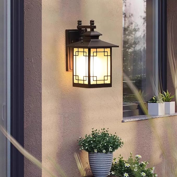 Japanese Style Black Square Simple Wall Lantern Frosted Glass lampshade Outdoor Wall Light IP65 Waterproof and dustproof Wall Lamp for Courtyard Front Doors Sconce Light