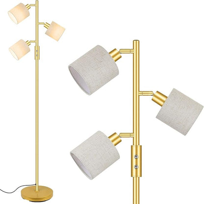 Gold Floor Lamps for Living Room, 3 Color Temperature, 3 Light Tree Standing Lamp, Minimalist Corner Floor Lamp with Lamp Shades Modern Pole Lamp for Bedroom Office Kids Room, Reading (5W LED Bulbs)