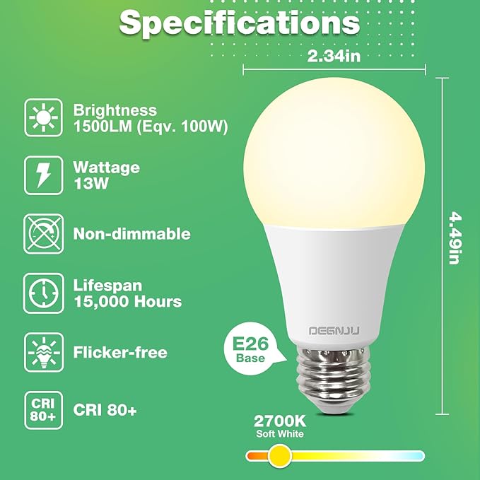 Light Bulbs 24 Pack,100 Watt Light Bulb Eqv, Warm Light Bulbs LED 1500LM, Soft White Light Bulb E26, 13W Bright Standard LED Bulb, 15000H, Non-Dimmable, E26 Bulbs for Rooms