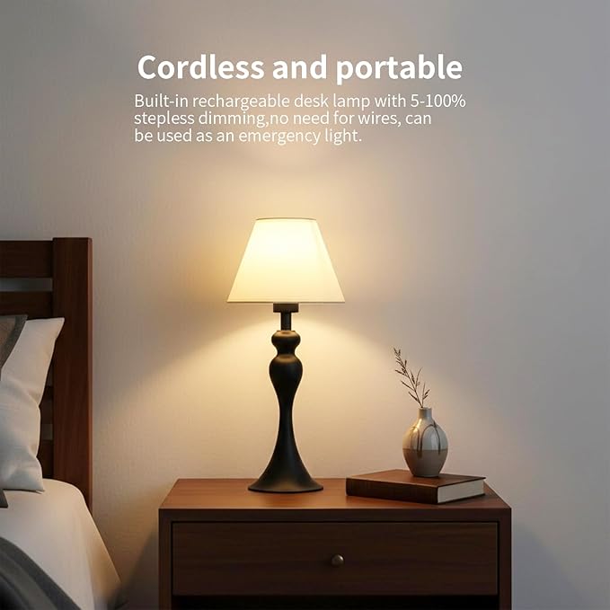 Cordless Table Lamp,Portable Fabric Shade LED Desk Lamps,5200mAh Battery Operated, 3 Color Stepless Dimming Up, for Restaurant, Bedroom,Camping,Coffee Shop,Bar,Night Light(Black)