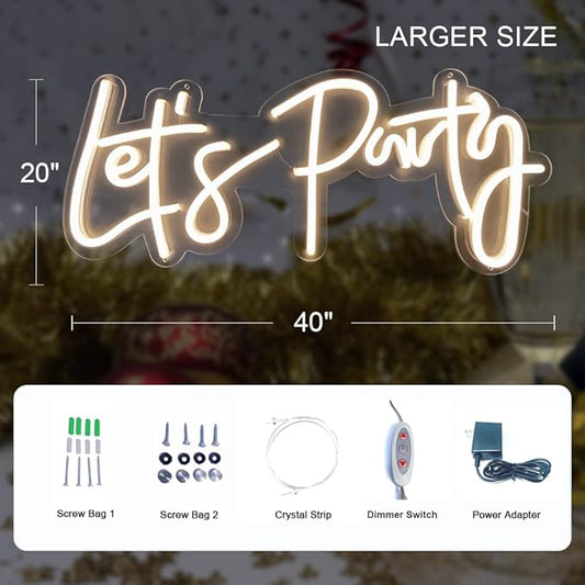 Divatla Super Large Neon Sign - 'Let's Party' for Engagement, Prom, Wedding & More - Dimmable, Warm White